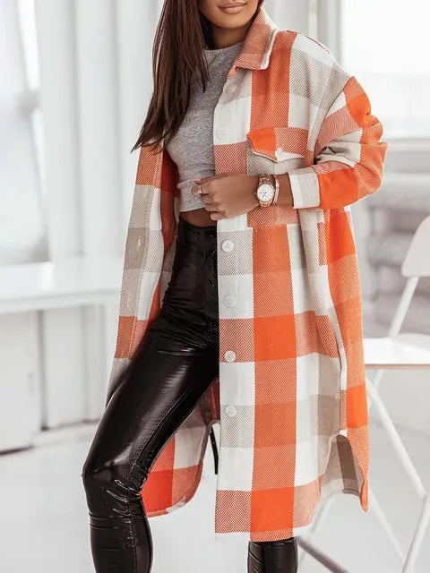 Women's Harajuku Plaid Longline Button-Front Shacket Coat
