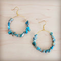 Gold-tone hoop earrings decorated with blue and white tumbled Regalite Jasper gemstone beads.