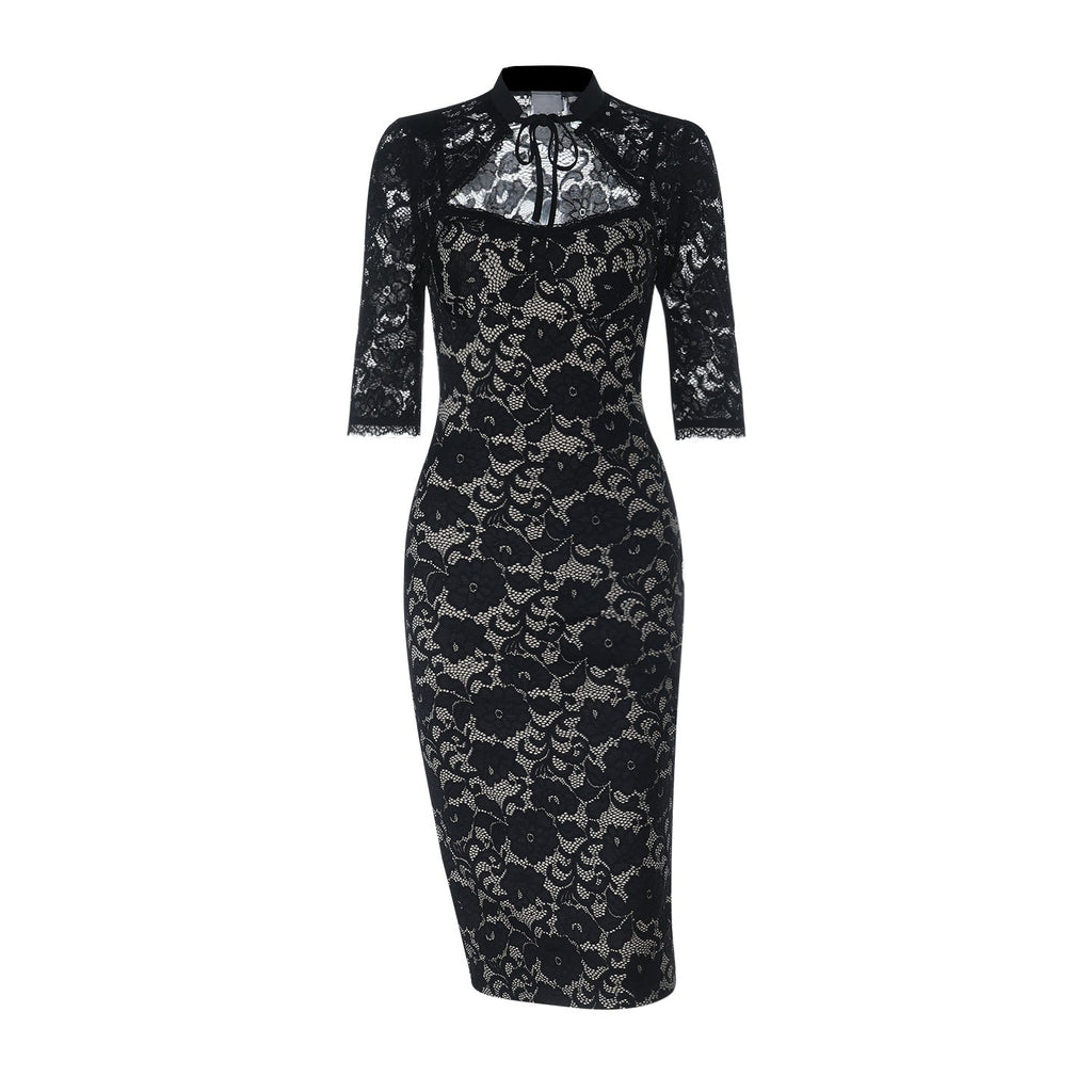 Elegant Black Floral Lace Midi Dress with V-Neck Camisole & 3/4 Sleeves - Image 6