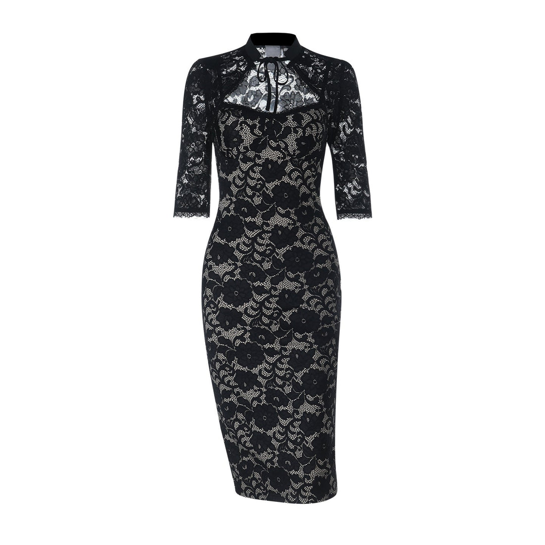Elegant Black Floral Lace Midi Dress with V-Neck Camisole & 3/4 Sleeves - Image 6