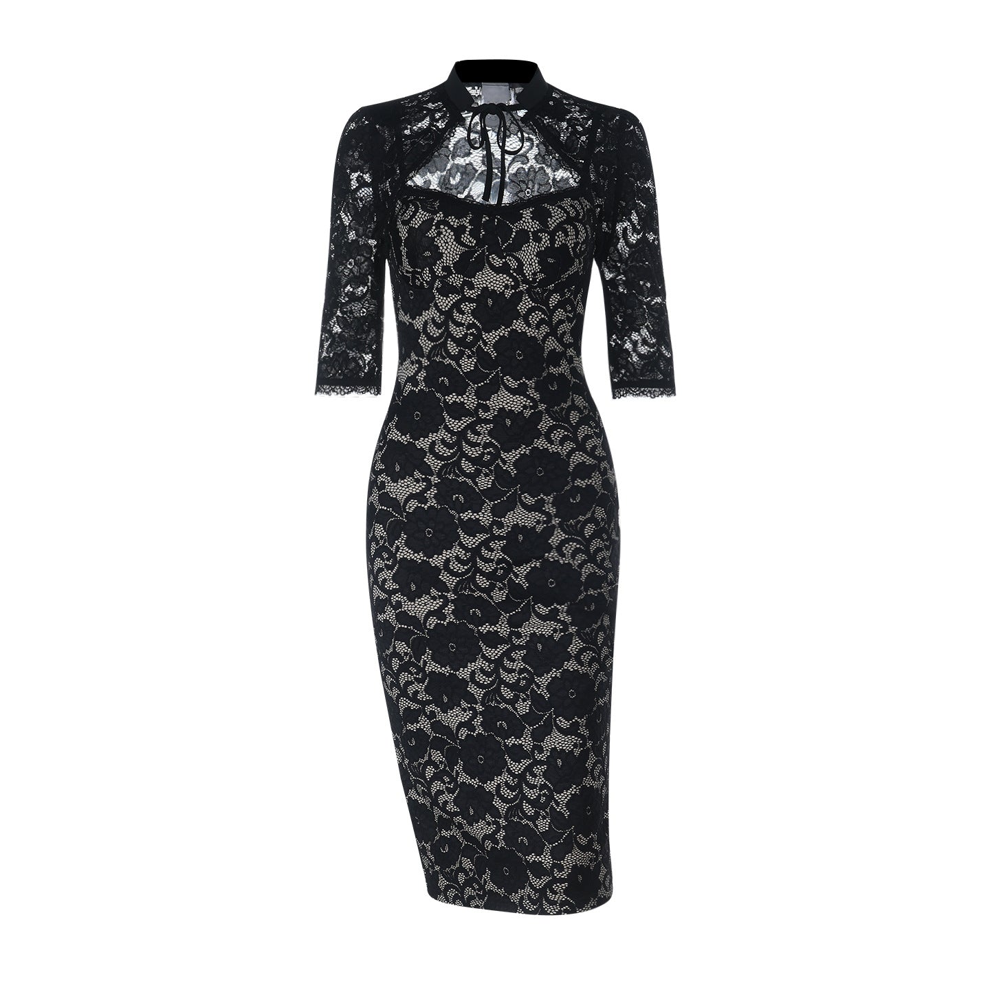 Elegant Black Floral Lace Midi Dress with V-Neck Camisole & 3/4 Sleeves - Image 6