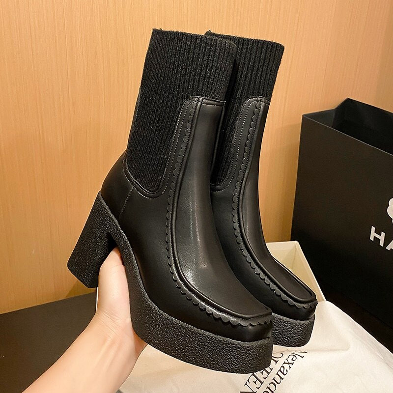 Chunky Platform Ankle Boots with Knit Cuff for Women - Image 5