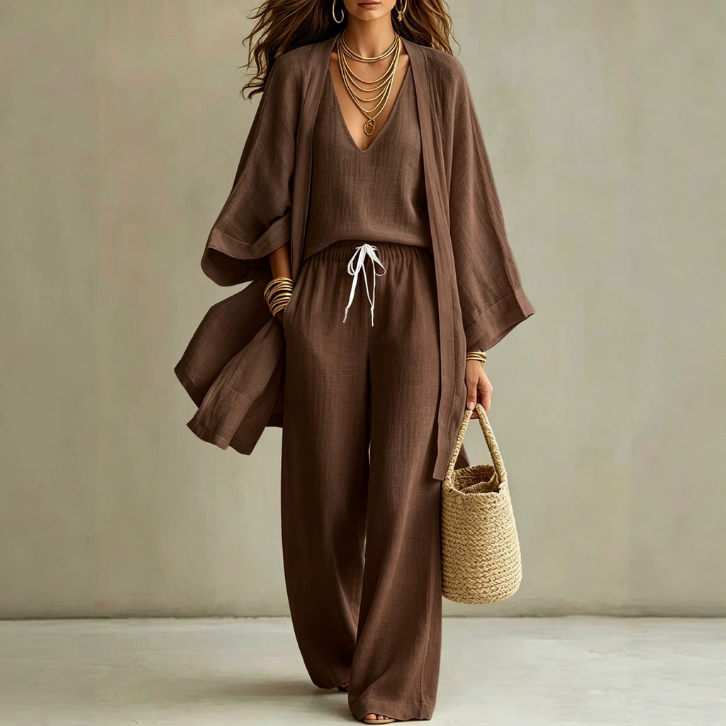 Women's 3-Piece Linen Loungewear Set: Cardigan, Vest & Wide-Leg Pants