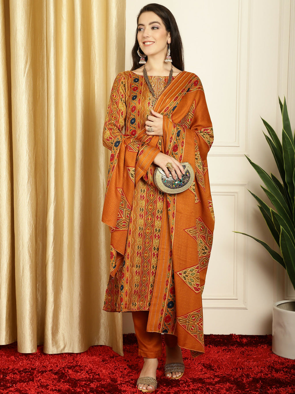 Women's Mustard Pashmina Floral Digital Printed Kurta Set
