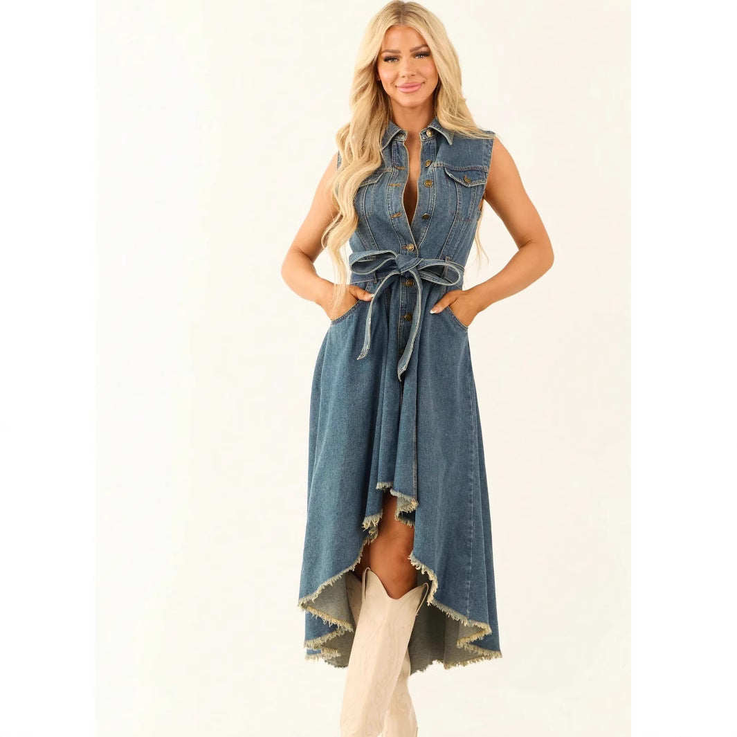 Sleeveless Denim Midi Dress with Irregular Hem and Button Front