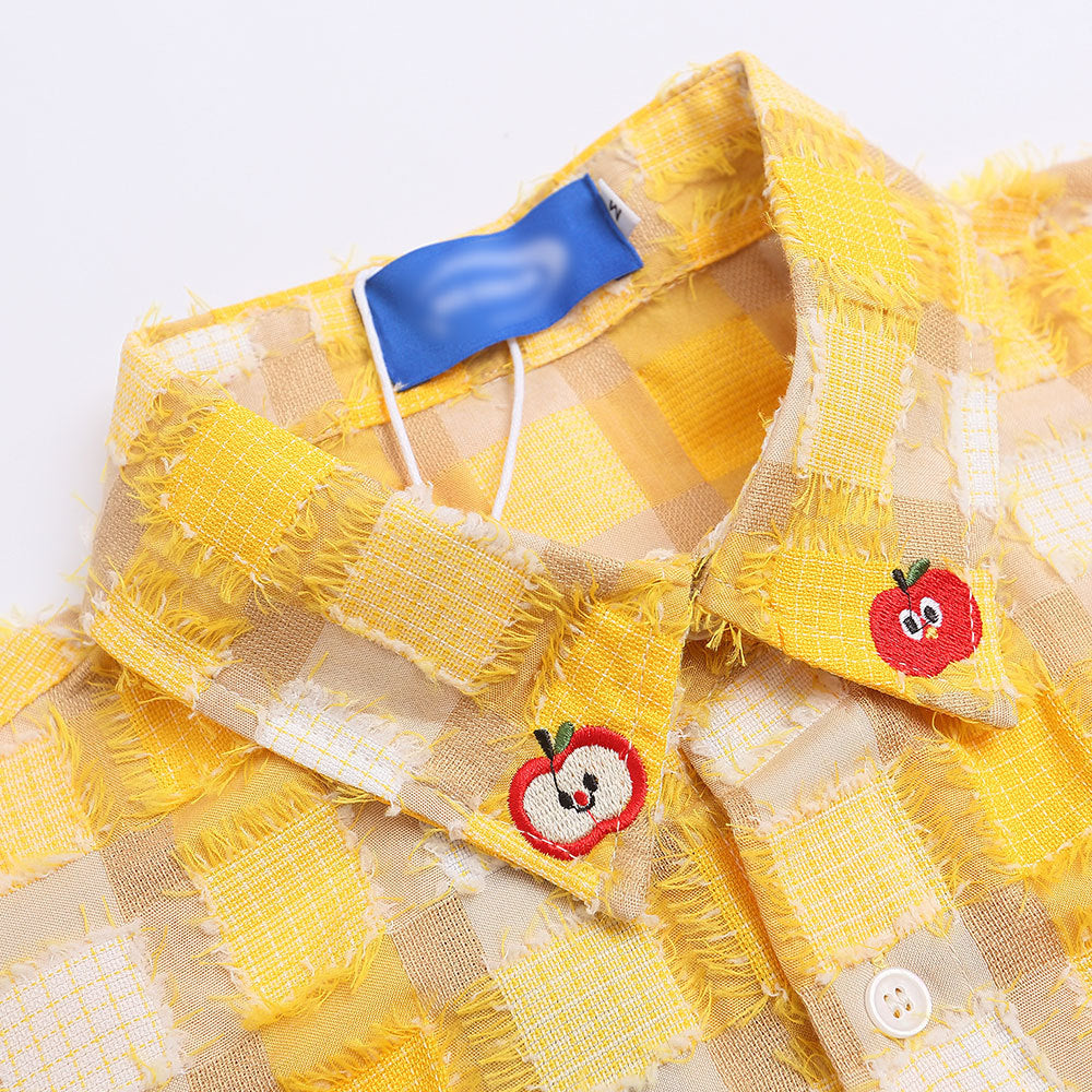 Yellow Plaid Cat Cartoon Short Sleeve Button-Up Shirt Harajuku
