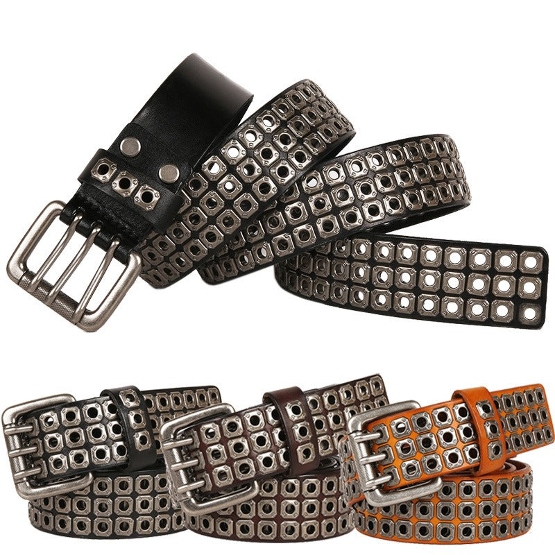 Harajuku Punk Style Cowhide Rivet Belt in black, brown, and orange, featuring square metal studs and a durable silver alloy buckle.