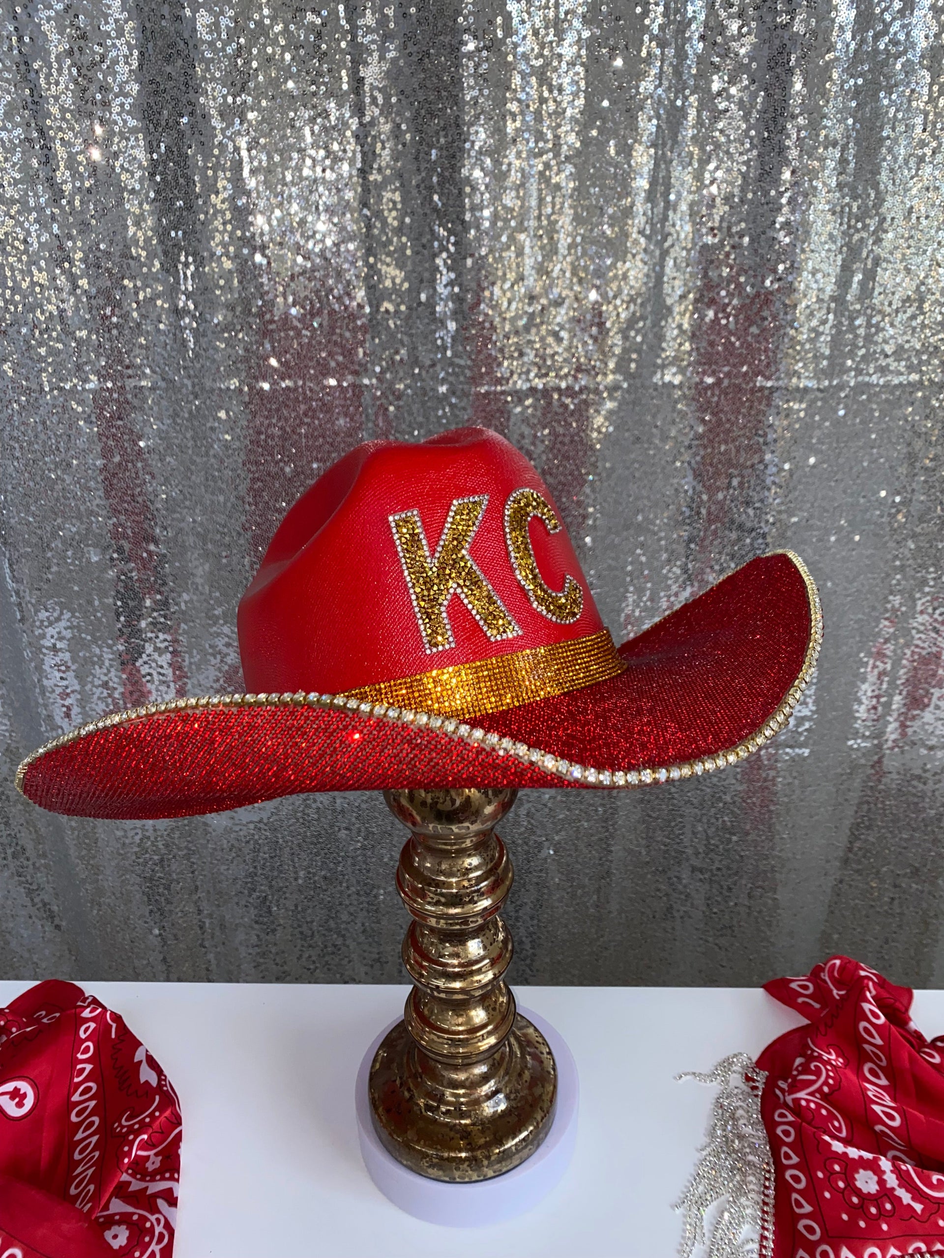 Kansas City Chiefs western glam hat in red, gold, and silver colors