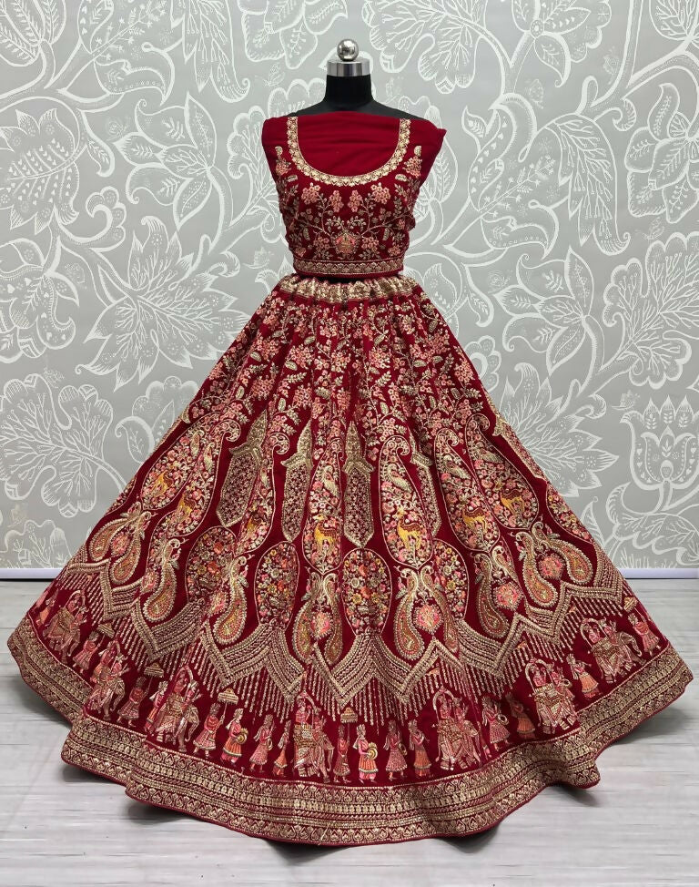 Rani Pink Velvet Zircon Diamond Work Embroidered Wedding Lehenga