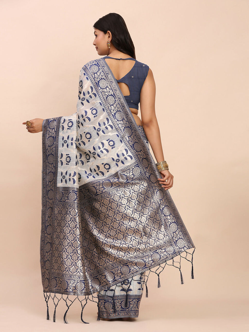 Navy Blue Linen Cotton Saree with Matching Blouse Piece