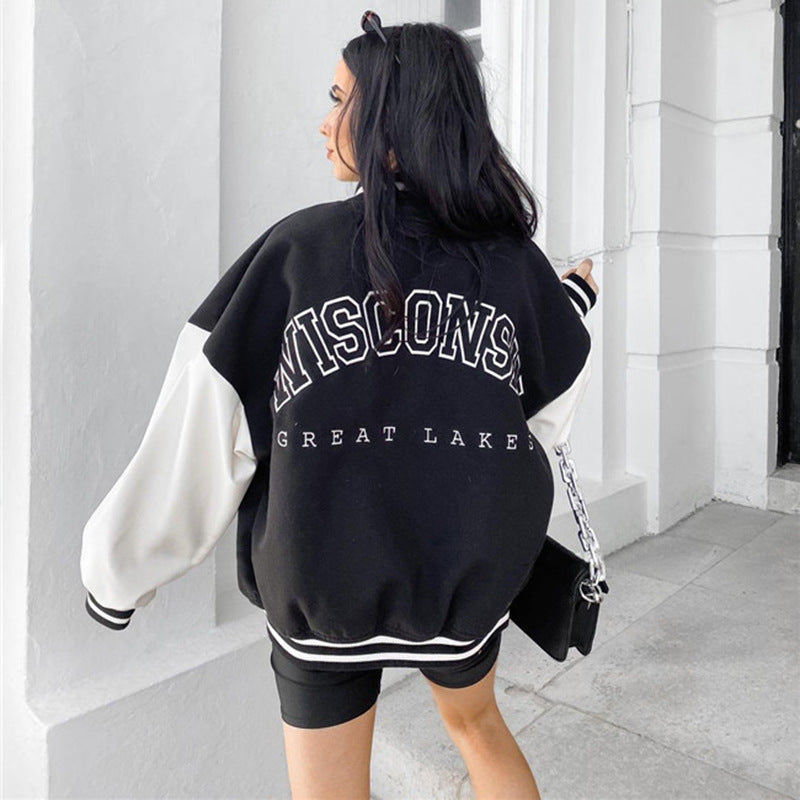 Women's Oversized Lettered Varsity Baseball Jacket Black White - Image 5