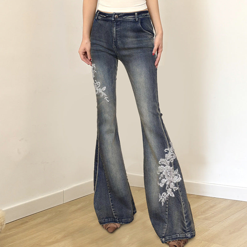 Women's Floral Embroidered Low Waist Flare Jeans - Vibrant Blue - Image 2