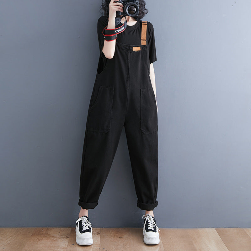Women's Harajuku Style Black Denim Overalls Jumpsuit - Image 2