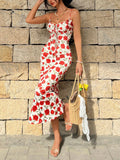 Women's Rose Print Lace-Up Sweetheart Mermaid Maxi Dress