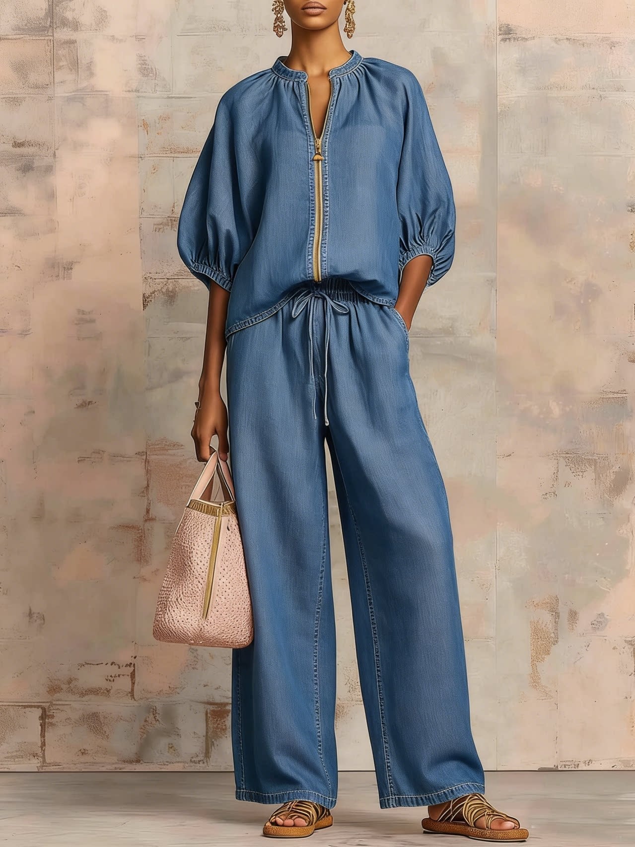 Women's Casual Loose Zipper Round Neck Wide-Leg Pants Two-Piece Set