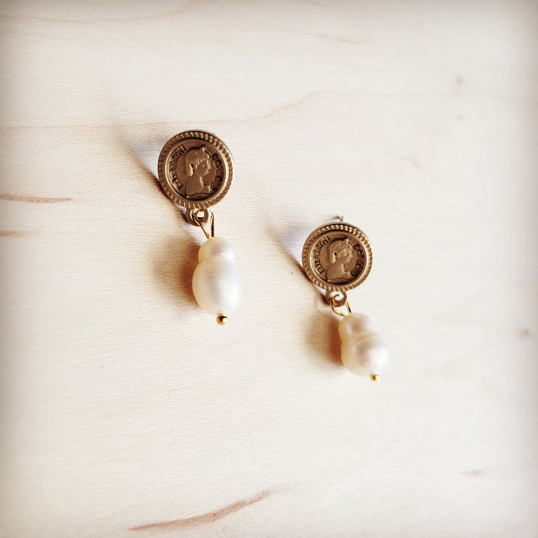 Matte Gold Coin Stud Earrings with Genuine Freshwater Pearls - Image 2