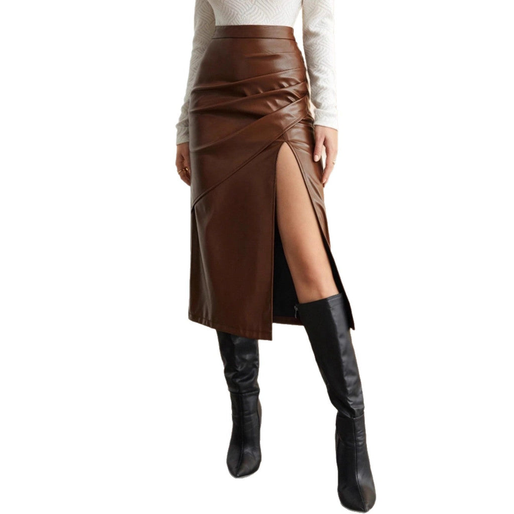 Solid High-Waisted Faux Leather Split Midi Skirt - Image 5