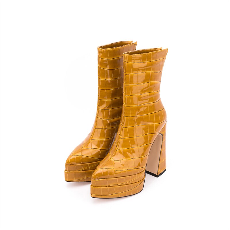 Women's Chunky Platform Ankle Boots - Stone Pattern High Heel