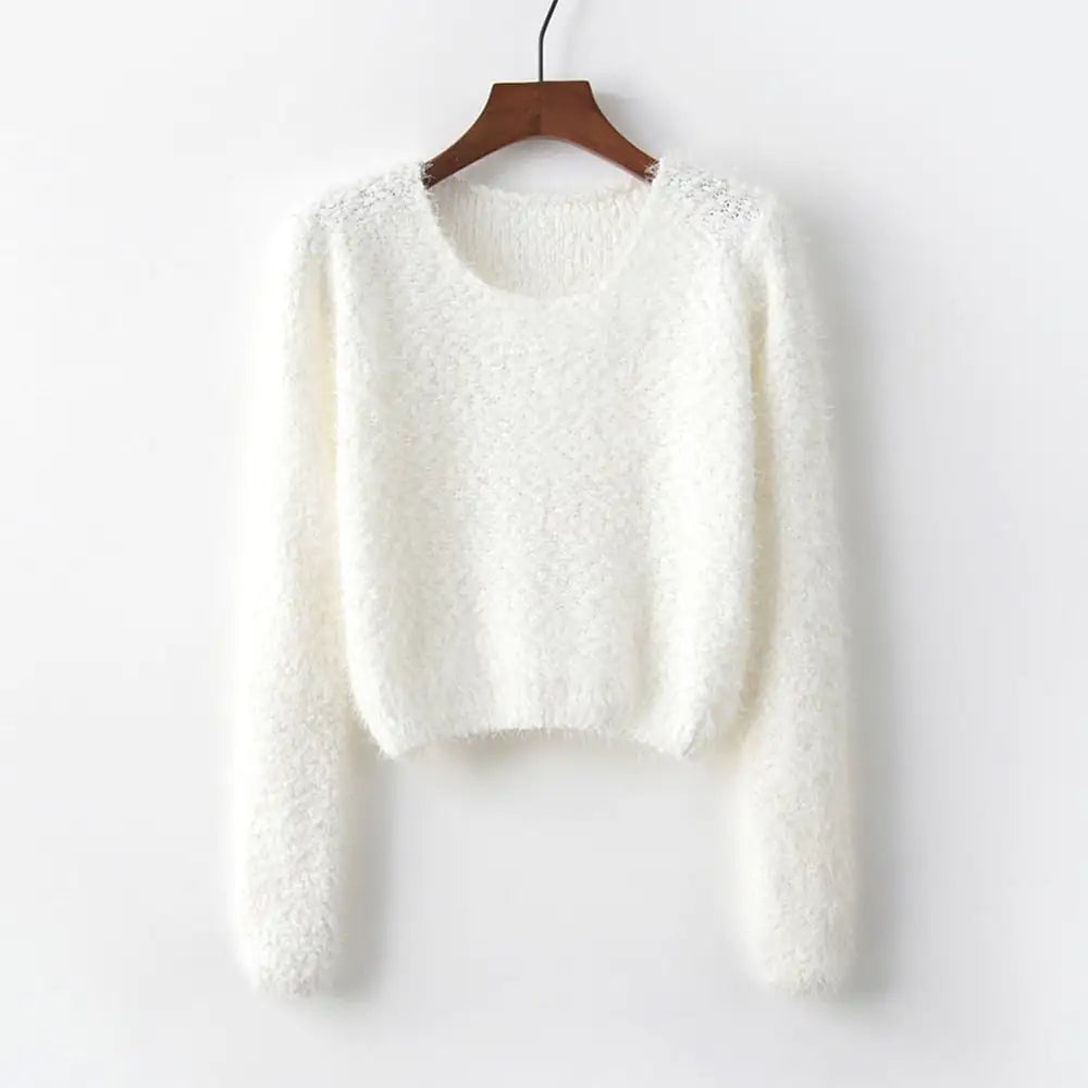 Women's Fuzzy Round Neck Pullover Sweater Soft Knit Long Sleeve - Image 8