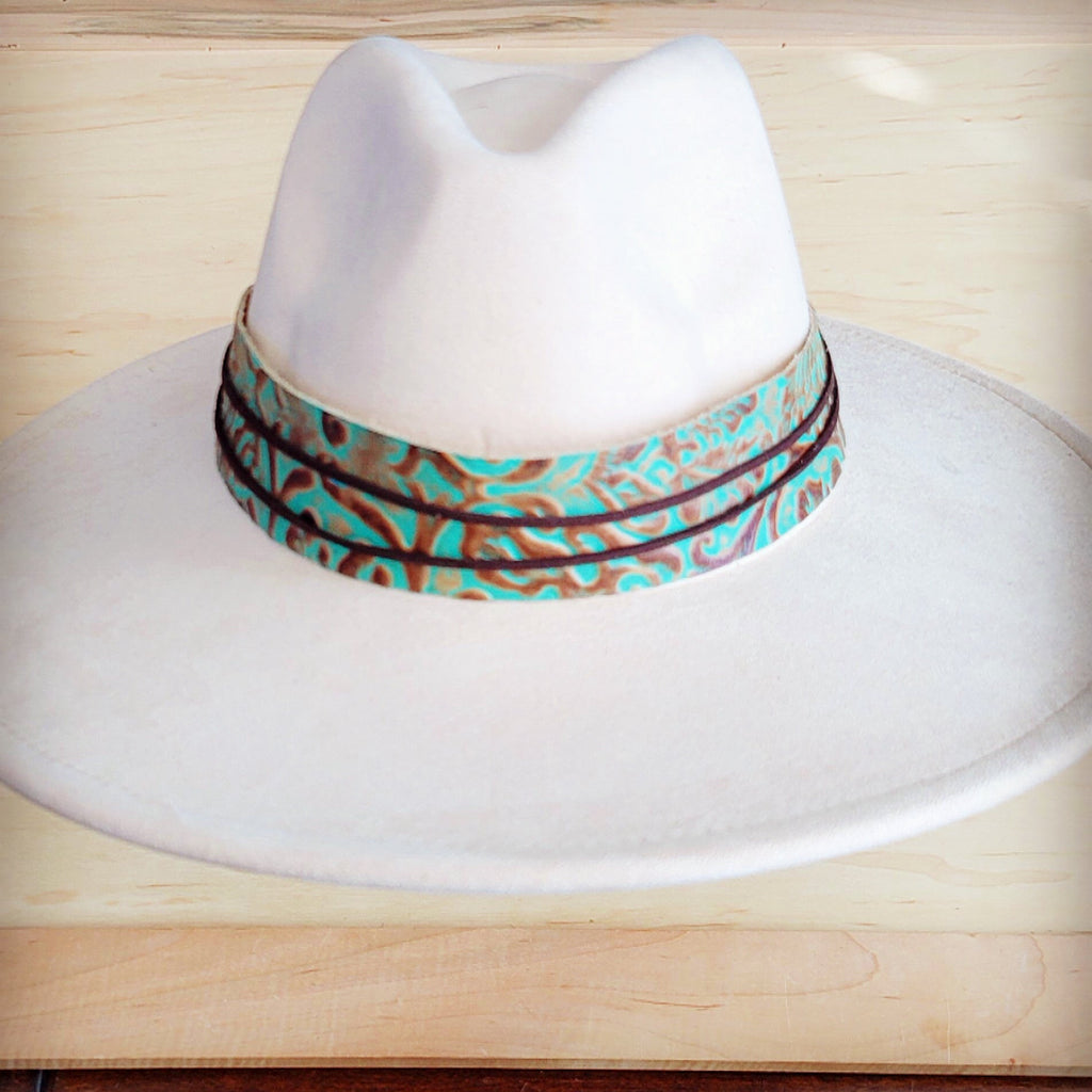 Wide Turquoise and Brown Floral Tooled Leather Cowboy Hat Band - Image 5