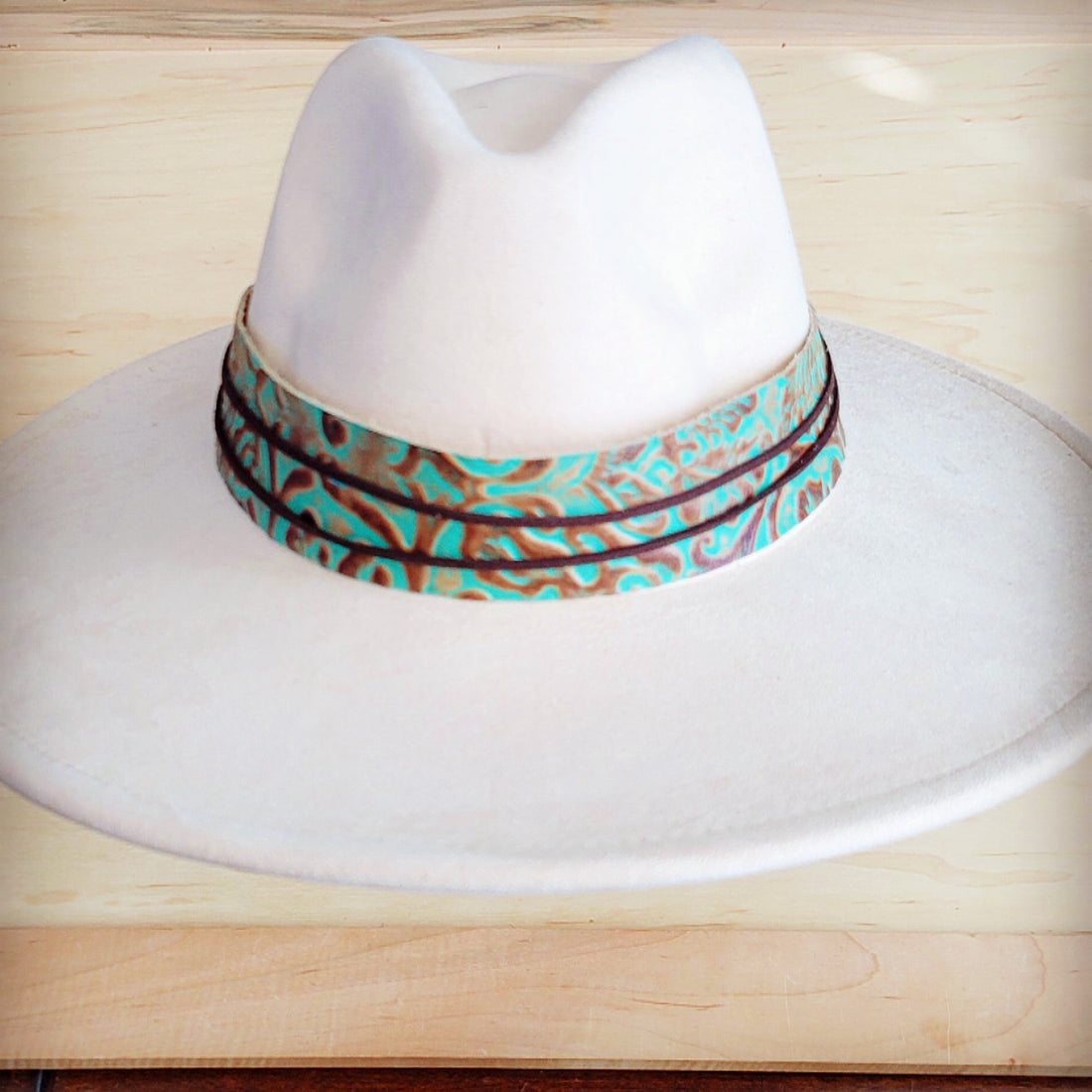 Wide Turquoise and Brown Floral Tooled Leather Cowboy Hat Band - Image 5
