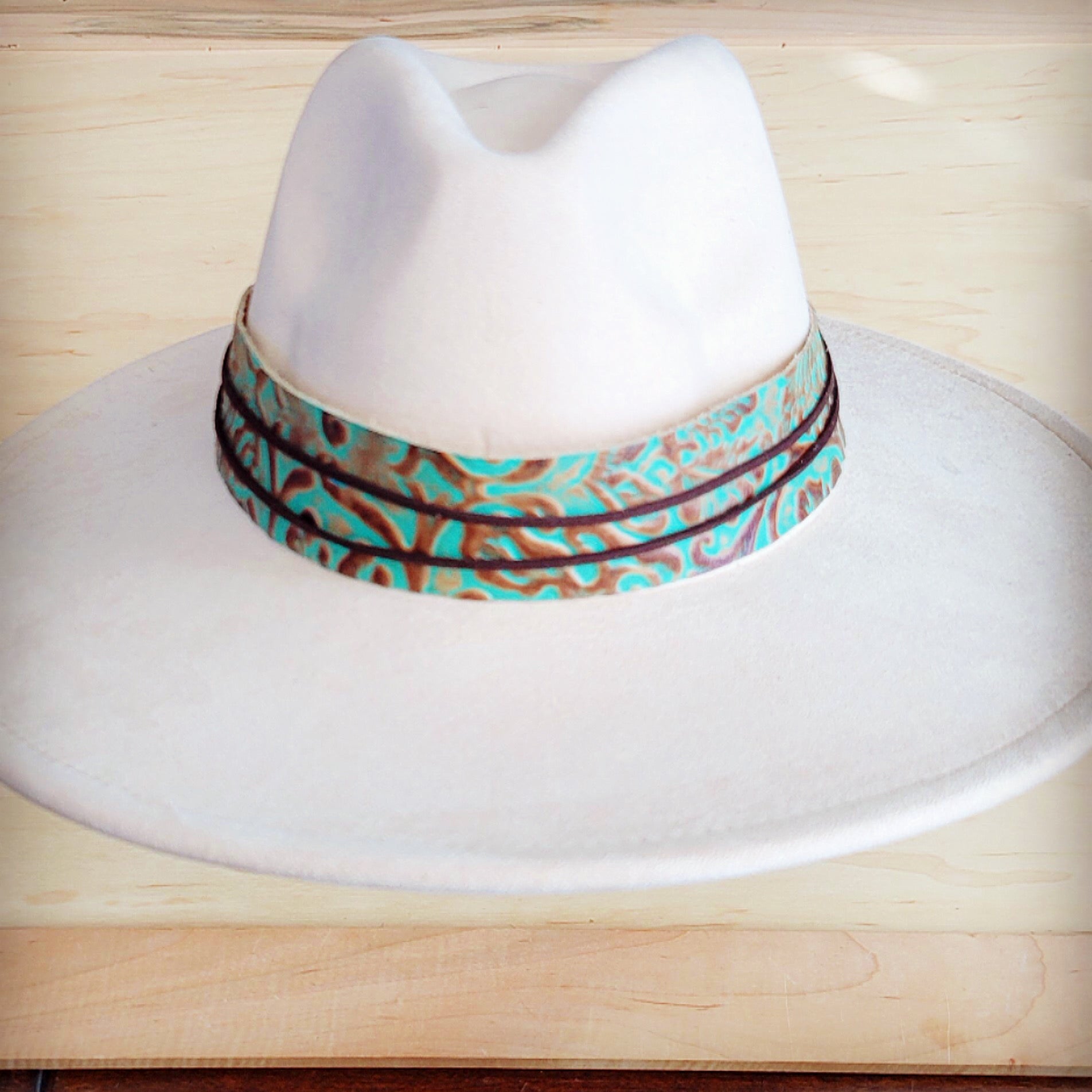 Wide Turquoise and Brown Floral Tooled Leather Cowboy Hat Band - Image 5
