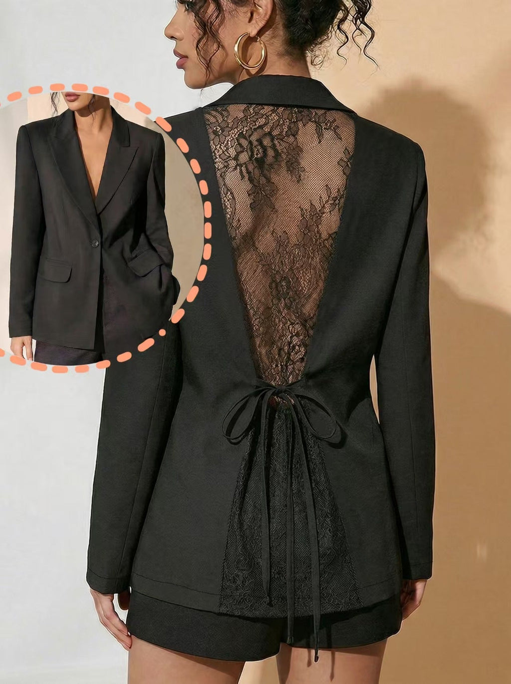 Lace Open Back Blazer | Notched Lapel Waist-Tie Suit Jacket