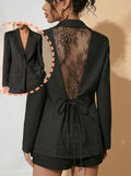 Lace Open Back Blazer | Notched Lapel Waist-Tie Suit Jacket