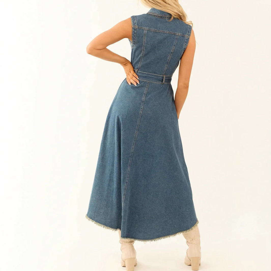 Sleeveless Denim Midi Dress with Irregular Hem and Button Front