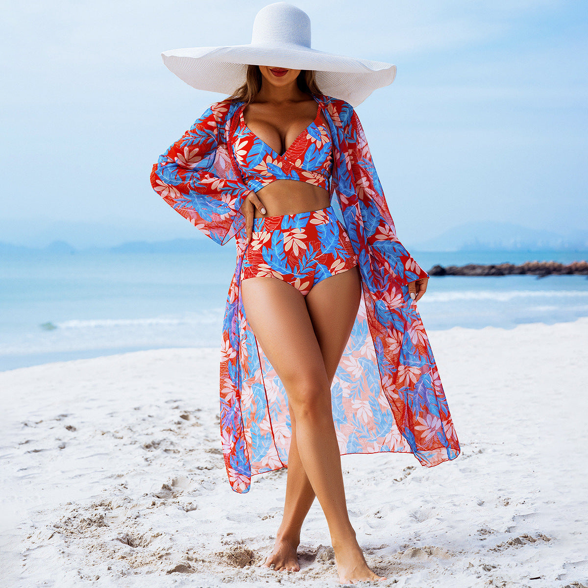 High-End Print Three-Piece Bikini Set with Padded Cups