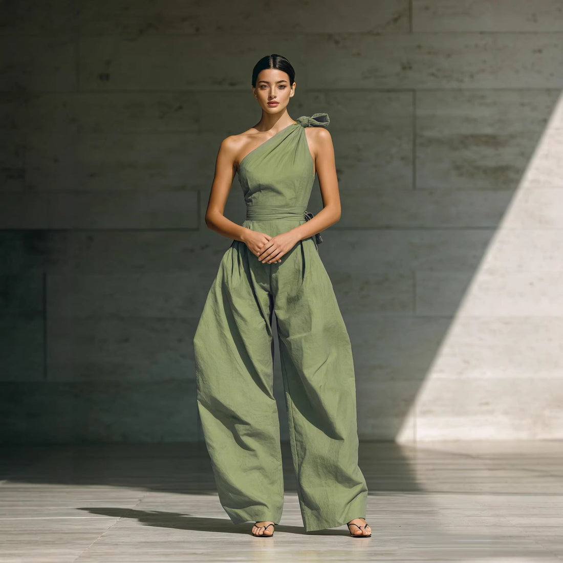 Women's One-Shoulder Wide Leg Jumpsuit with Waist Tie Detail - Image 2