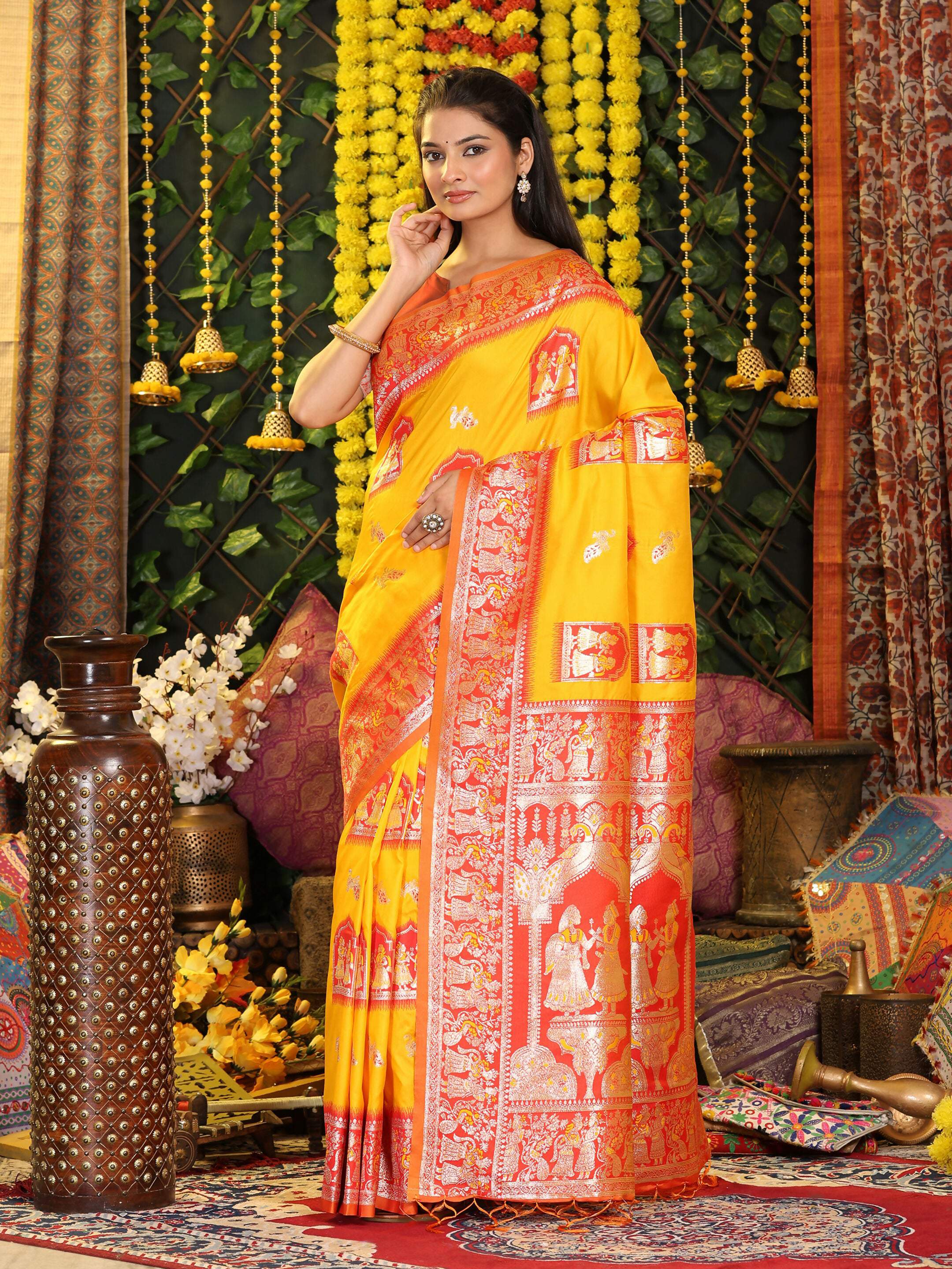 Vibrant Yellow Silk Saree with Contrast Orange Blouse Piece