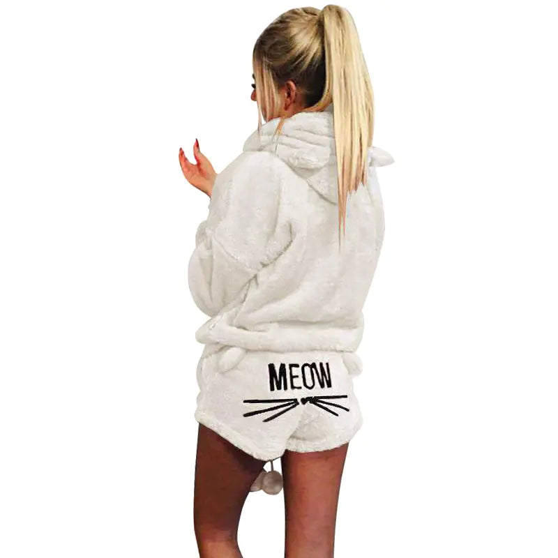 Meow Plush Hoodie Pajama Short Set