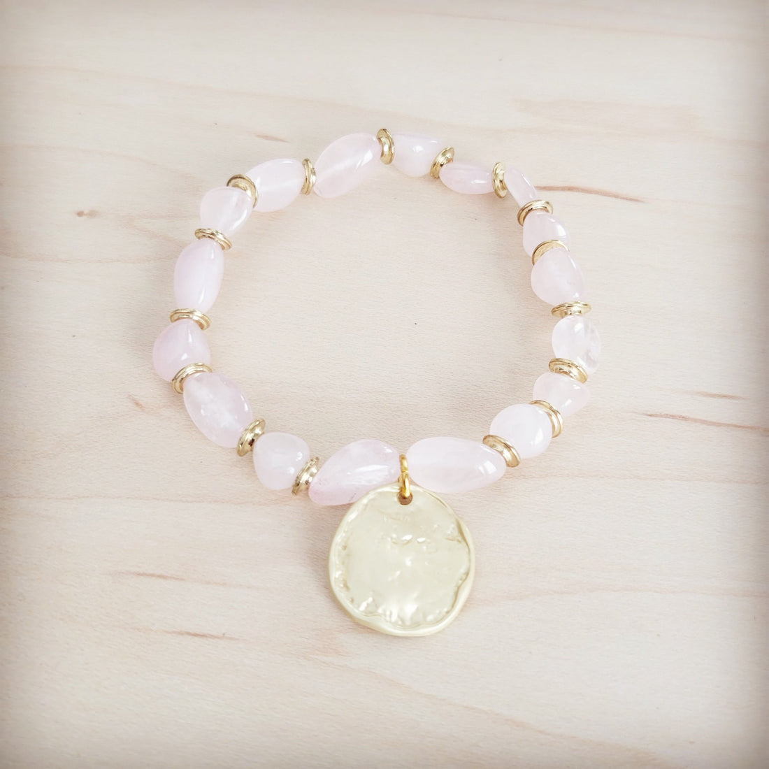 Rose Quartz Beaded Stretch Bracelet with Gold Coin Charm - Image 2