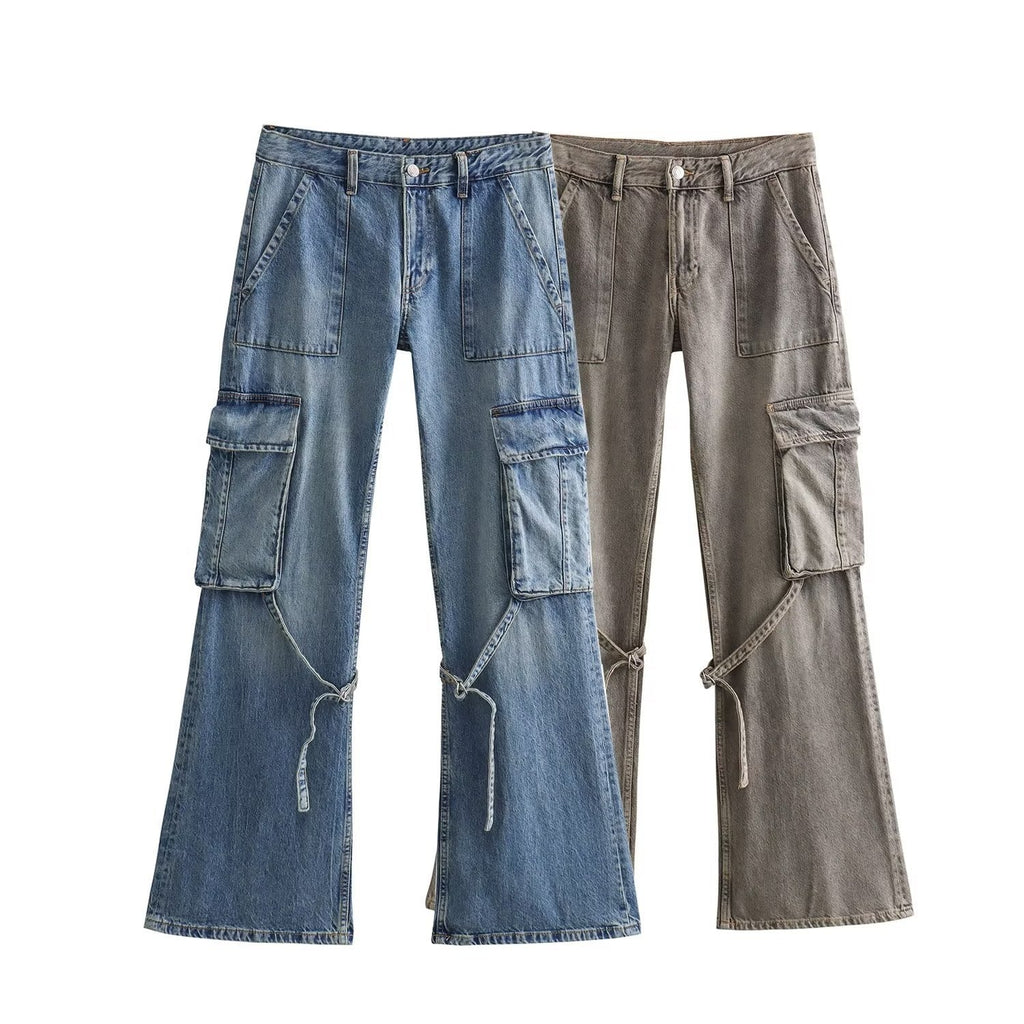 Two pairs of Y2K style women's high waist wide leg denim cargo pants in light blue and grey, featuring large side pockets and ankle ties.