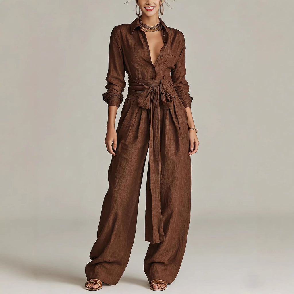 Women's Collared Long Sleeve Shirt and High-Waist Wide Leg Set - Image 2
