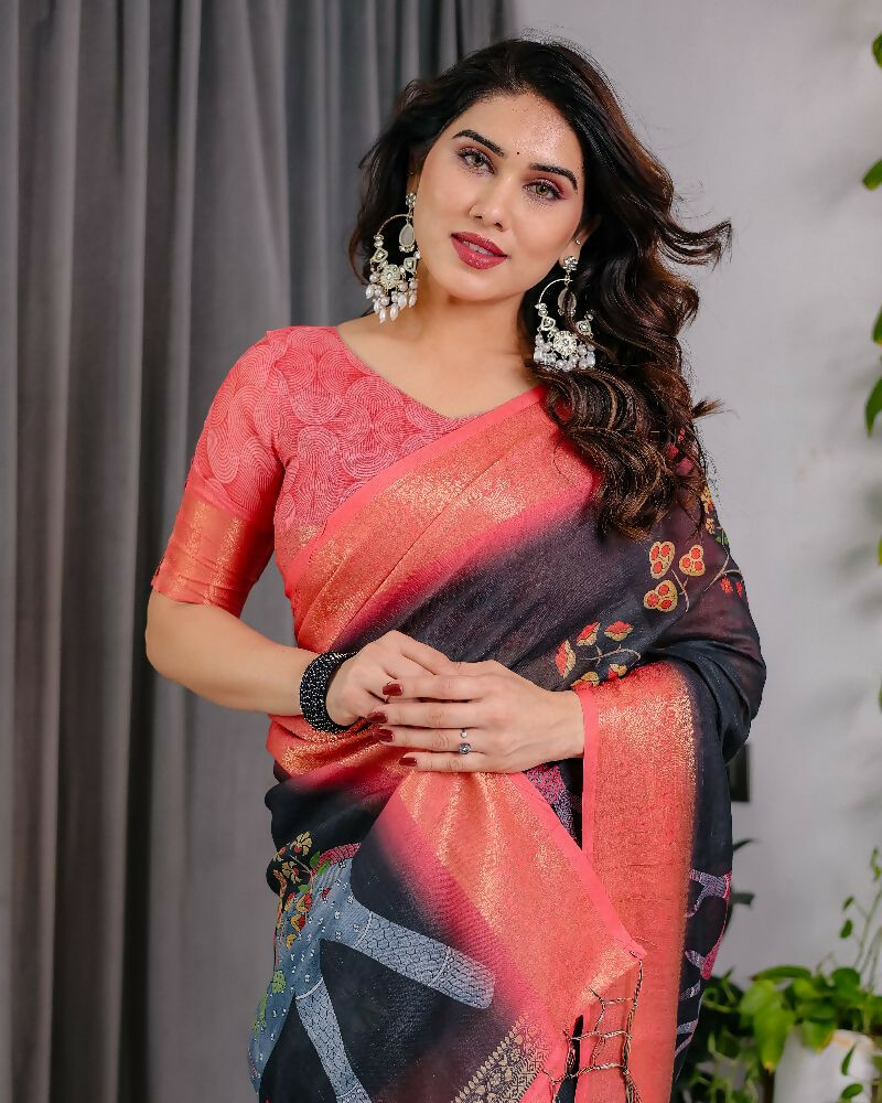 Black Pure Handloom Linen Saree with Blouse Piece