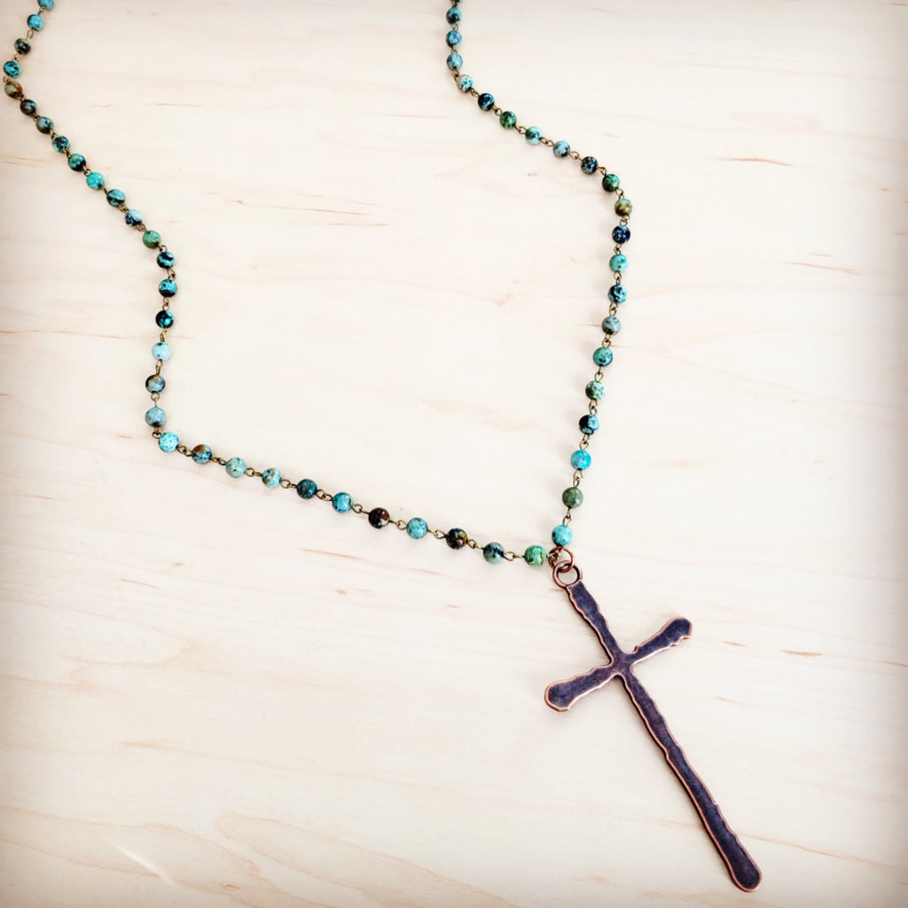 African Turquoise Beaded Necklace with Antique Copper Cross