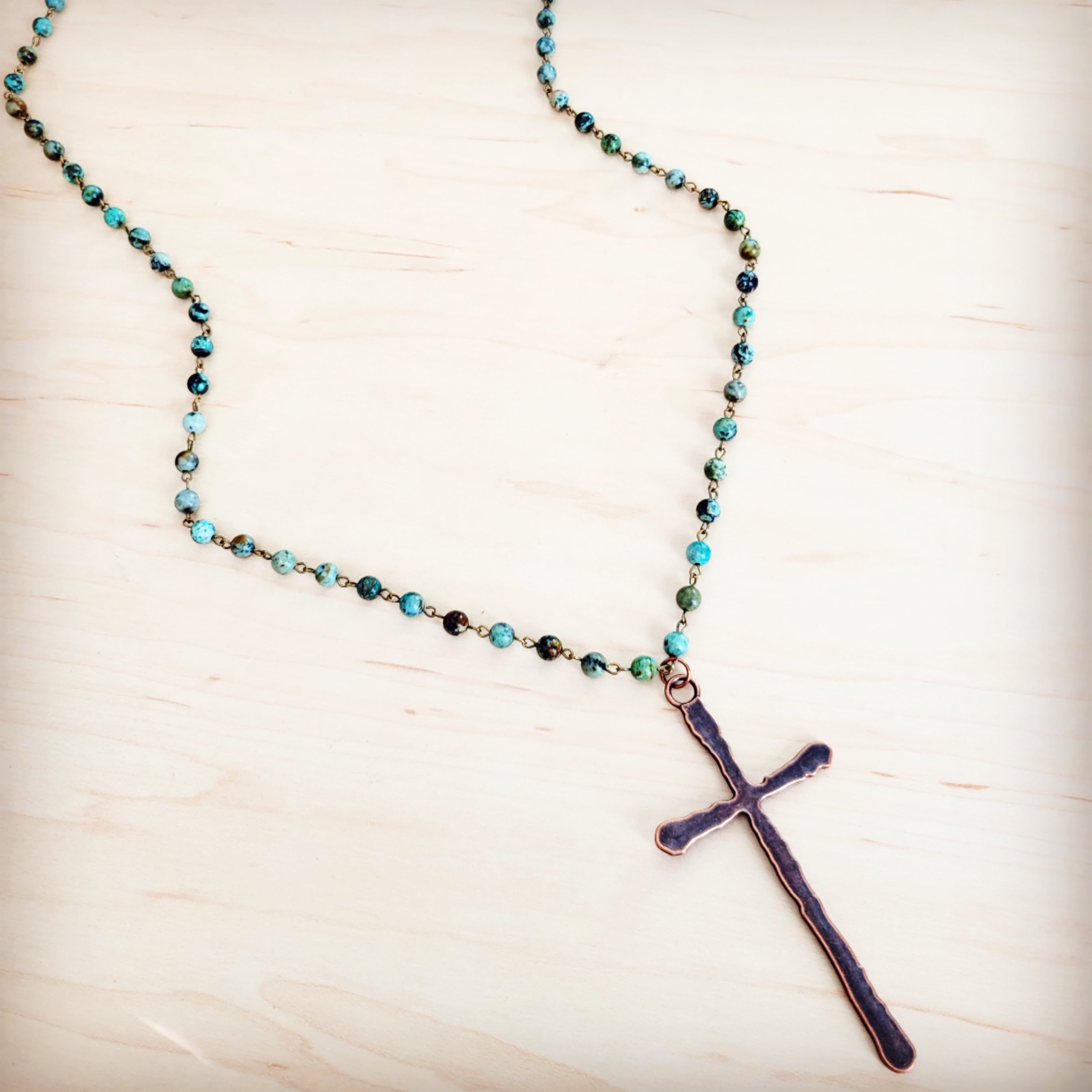 African Turquoise Beaded Necklace with Antique Copper Cross