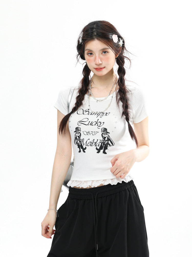 Women's Black Ribbed Graphic Tee with Lace Trim Short Sleeve - Image 7