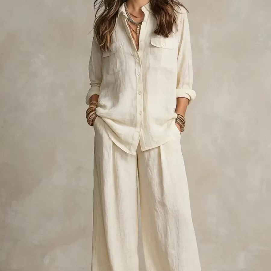 Women's Linen Two-Piece Set – Long Sleeve Shirt & Wide-Leg Pants