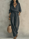 Linen-Look Shirt & Wide-Leg Trouser Set | Drawstring Waist 2-Piece | Gray