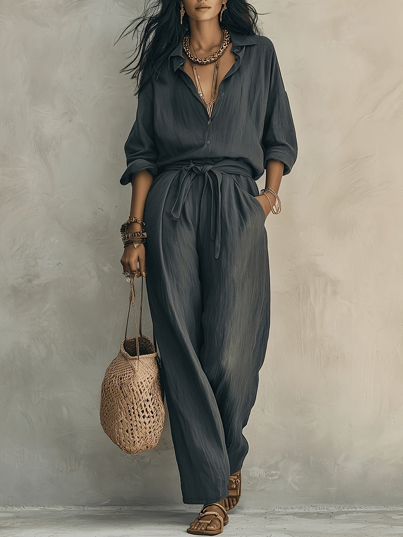 Linen-Look Shirt & Wide-Leg Trouser Set | Drawstring Waist 2-Piece | Gray