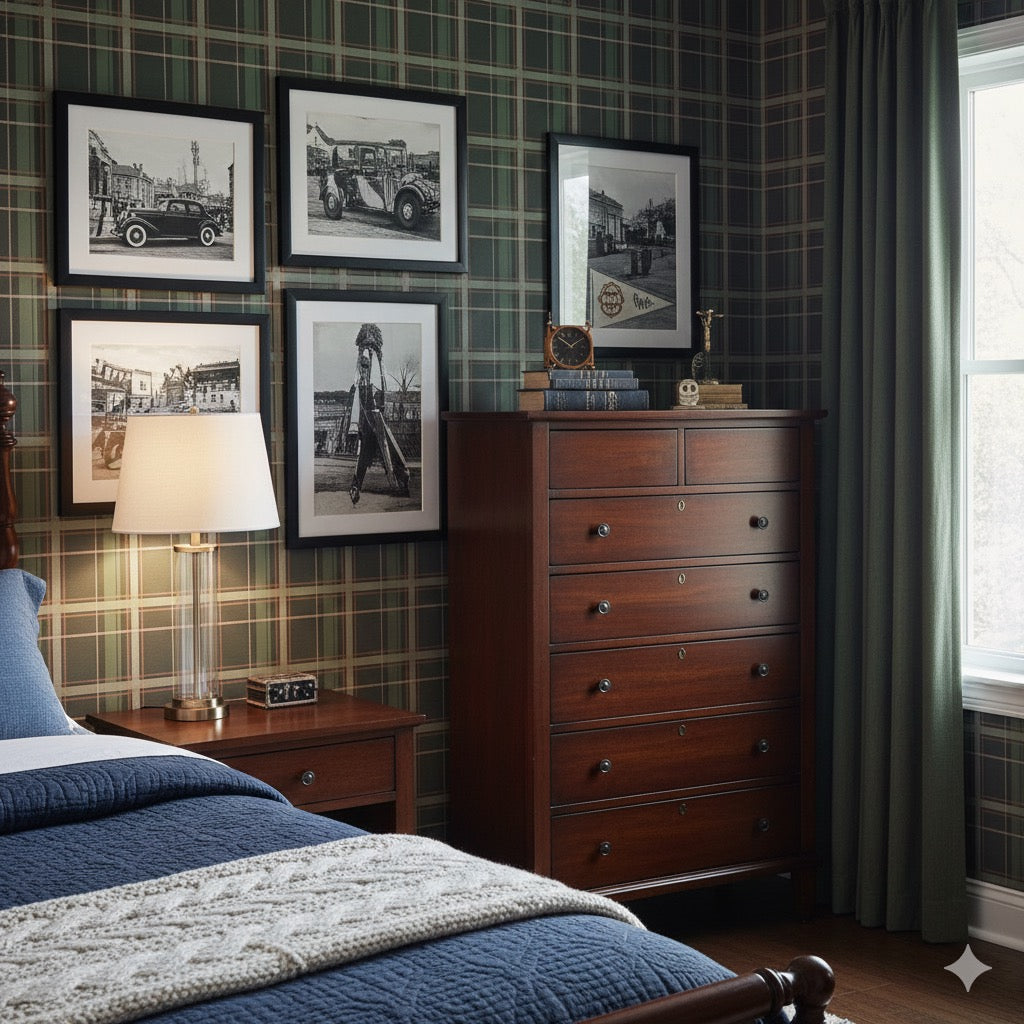 Close up of Grady traditional plaid wallpaper in green and brown colorway.