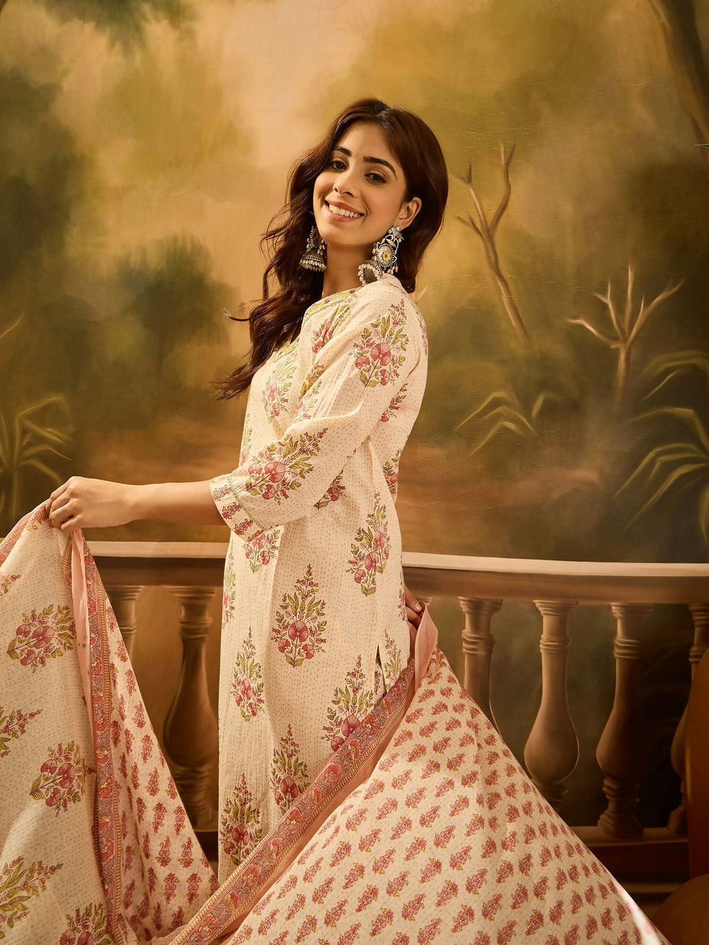 Printed Cream Pure Cotton Kurta Set with 3/4 Sleeves
