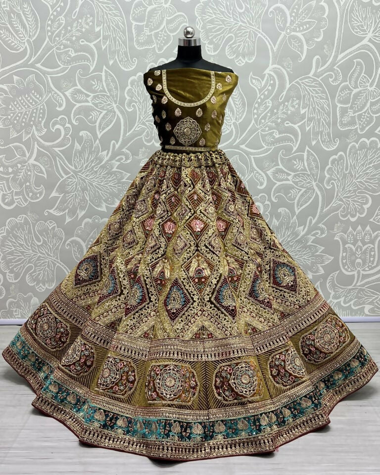 Mehendi Velvet Wedding Lehenga Choli with Dori and Zircon Work