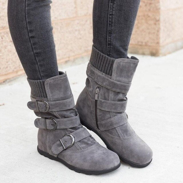 Women's Buckled Faux Suede Boots with Knit Cuff - Casual Mid-Calf - Image 8