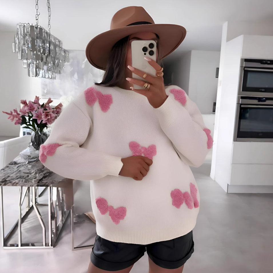 White Round Neck Long Sleeve Sweater with Pink Butterfly Accents - Image 2