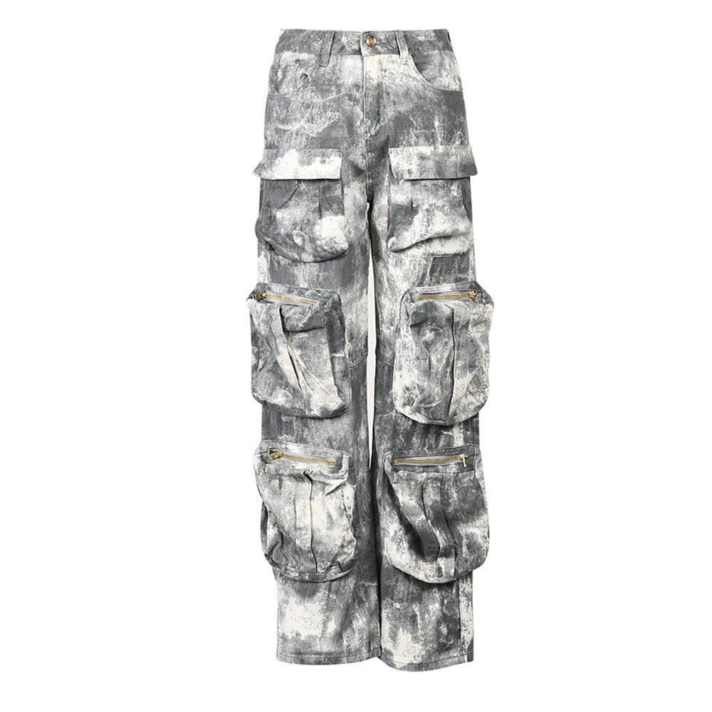 A woman modeling high waist camouflage cargo pants with multiple pockets in a loose, comfortable fit, showcasing Harajuku streetwear style.