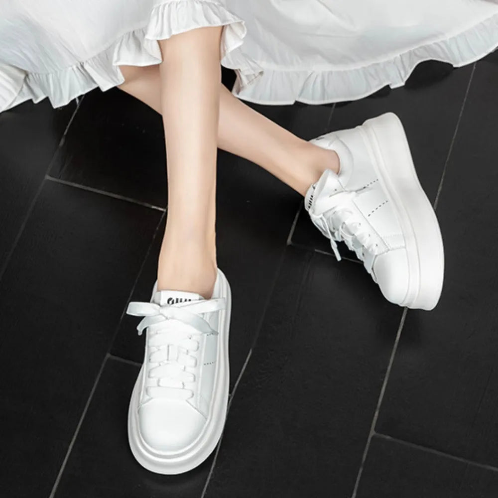 White Lace-Up Round Toe Platform Sneakers for Women - Image 2